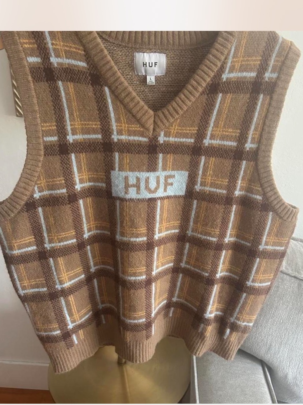 Huf Plaid Knit Oversized Vest Size L Whimsy Fall Grandma